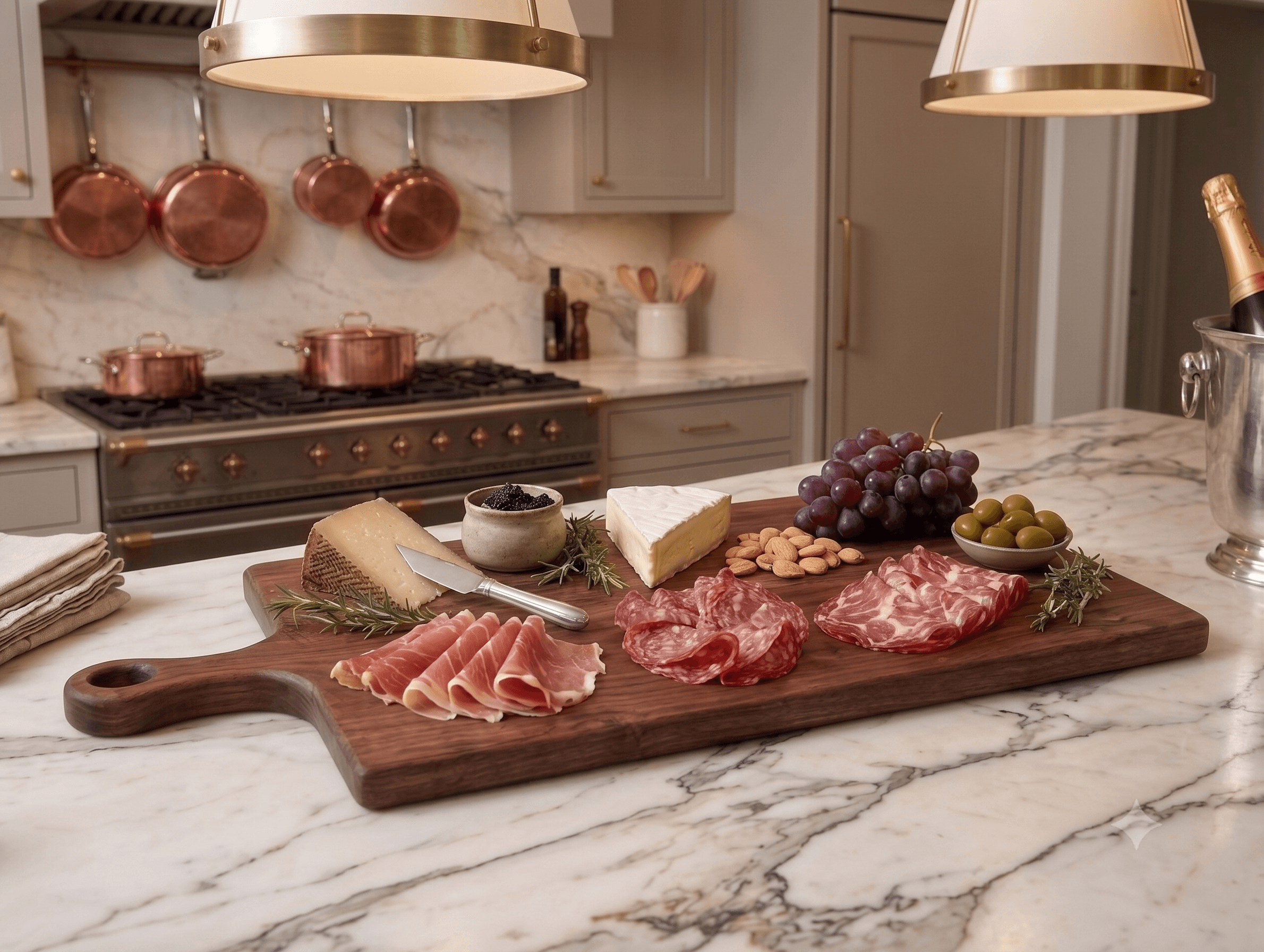 Handcrafted dark walnut charcuterie board styled with artisan cheeses and fruits