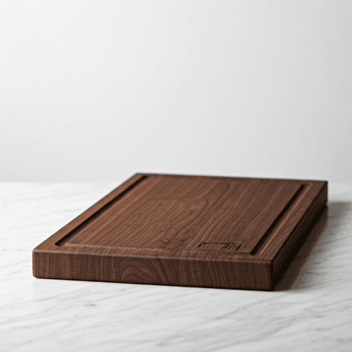 Handcrafted walnut edge-grain cutting board with juice groove on a marble surface