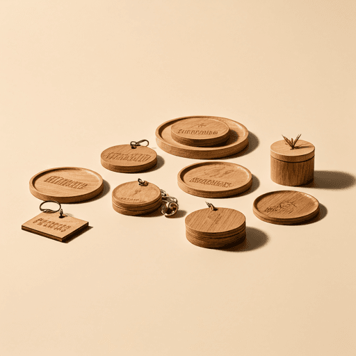 Collection of laser-engraved wooden gifts including ornaments and coasters
