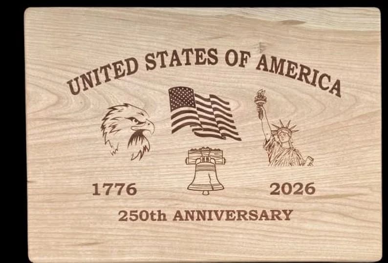 Solid cherry plaque commemorating 250 years of the United States with eagle and Liberty Bell engraving