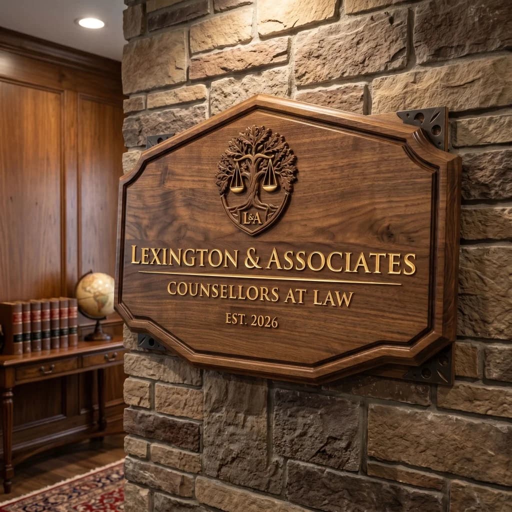 Intricately carved solid dark walnut office sign for Lexington & Associates Counsellors at Law, featuring a legal scales and tree emblem, mounted on a stone wall