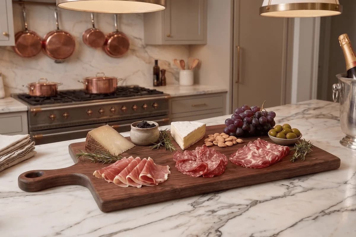 Handcrafted dark walnut charcuterie board styled with artisan cheeses and fruits