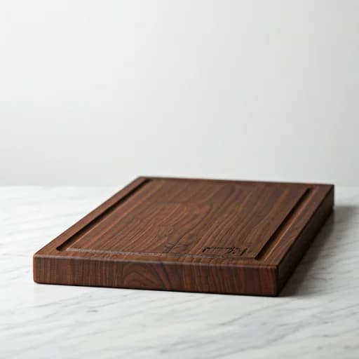 Handcrafted walnut edge-grain cutting board with juice groove on a marble surface