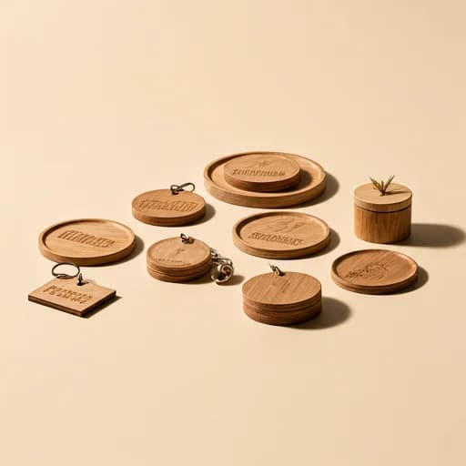 Collection of laser-engraved wooden gifts including ornaments and coasters