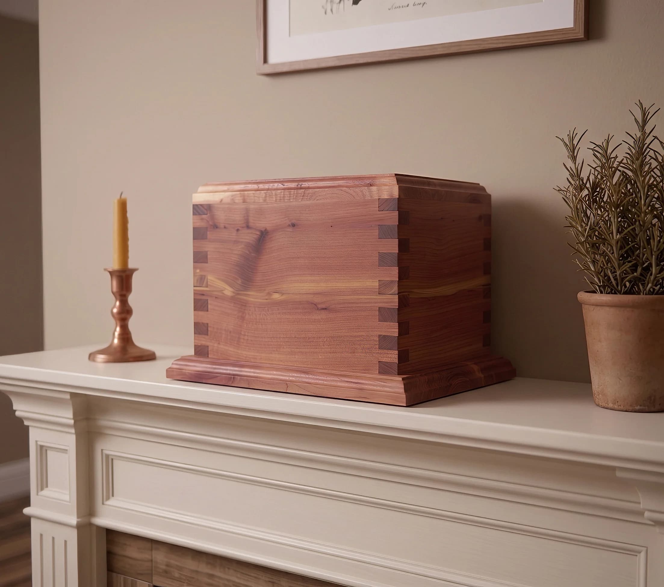 Handcrafted aromatic cedar keepsake box with dovetail corners sitting on a fireplace mantel